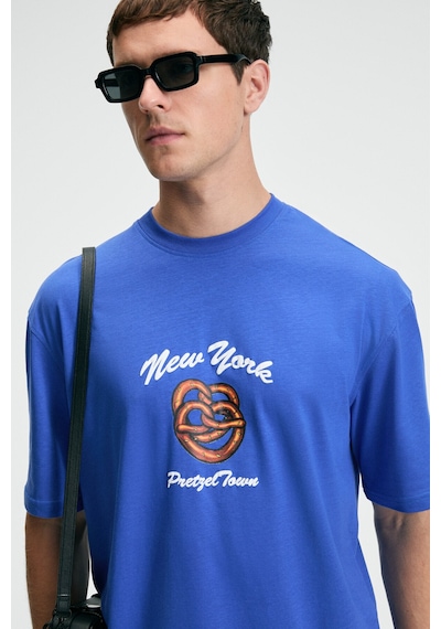 Grimelange CRISP Erkek Oversize %100 Pamuk Baskılı Yuvarlak Yaka Saks Mavi T-Shirt