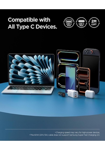 Spigen Usb-a To Usb-c 2 Metre Kablo 60w Güç / Hızlı Şarj / 480 Mbps Data Aktarım Hızı Type-c Ekstra Dayanıklı White