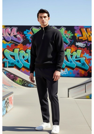 Benerly Erkek Dik Yaka Standart Kol Regular Kalıp Sweatshirt Fonksiyonel siyah