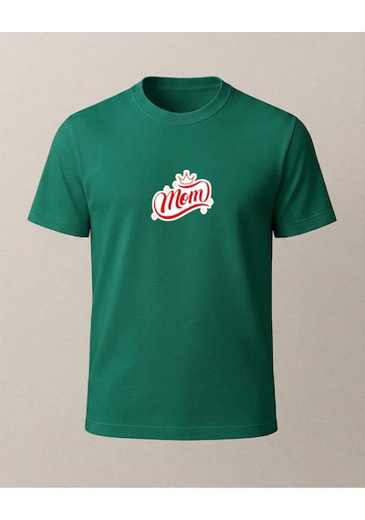 Mom Taçlı Baskılı T-shirt Yeşil