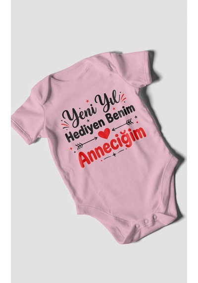 Morivokids Yeni Yıl Hediyen Benim Anneciğim Kısa Kollu Bebek Body %100 Pamuk Koyu Pembe