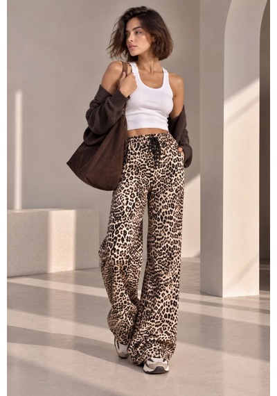 Bbbutikbasic Kadın Leopar Desenli Beli Lastikli Bol Paça Pantolon My3535