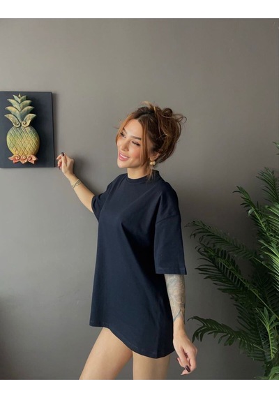Kadın Oversize Basic Tişört Salaş Kesim Pamuklu Günlük T-shirt SIYAH