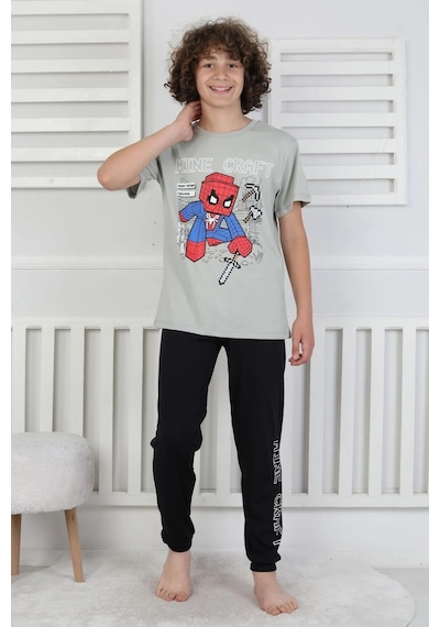 Bunny Hopp Erkek Çocuk Yazlık Kısa Kollu Baskılı Pijama Takımı %100 Pamuk 8-13 Yaş Yeşil