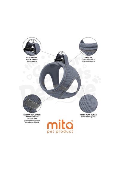 Mita Air Mesh Kedi Köpek Göğüs Tasması Çift Reflektörlü, Terletmeyen Antrasit