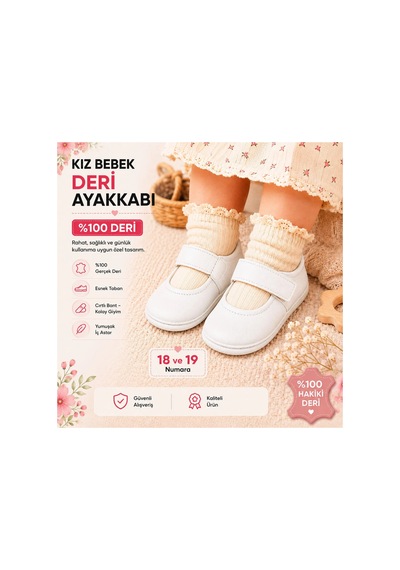 My Baby Kumsal % 100 Deri Bebe Babet Ayakkabı Taban Ve İç Astar Tamamen Deriden Üretilmiştir. Beyaz Beyaz
