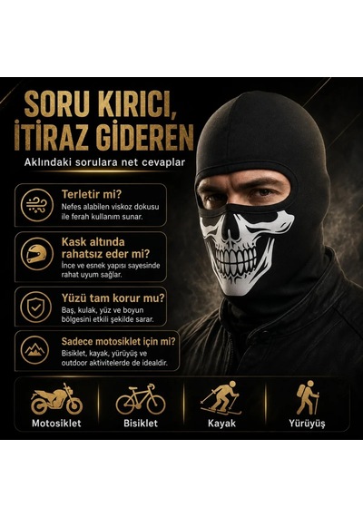 Womanandkids Wak Unisex Kuru Kafa Baskılı Balaklava 1 Adet Tek Beden Viskoz Kask İçi Motosiklet Maskesi Siyah