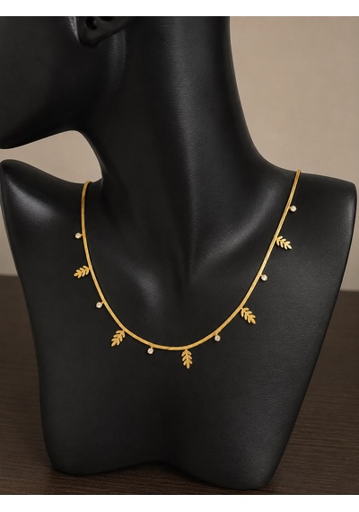 Yaprak Ve Taş Detaylı Çelik Kolye Gold
