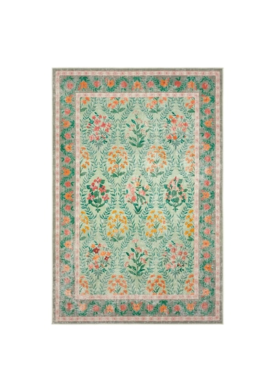 Cool Halı Daisy Su Yeşili Yıkanabilir Çiçekli Dokuma Şönil Halı Bohem Eskitme Vintage Oda Halısı Yeşil