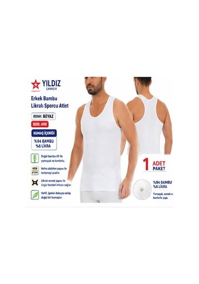 Yıldız Çamaşır Erkek Bambu Sporcu Likralı Atlet 490-491-492 - 1 Adet Beyaz