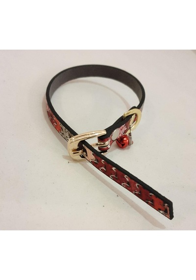 Kırmızı Kilim Desen Derili 1 CM Zilli Tasma