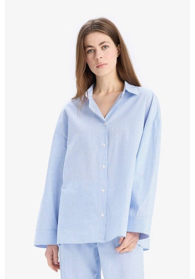 DeFacto Çizgili Pijama Yaka Poplin Pijama Üstü-Fall in Love E3113AX25SPBE747