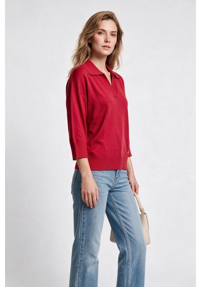 On Kadın Polo Yaka Düşük Omuz Üç Çeyrek Kol Örme Bluz Kırmızı