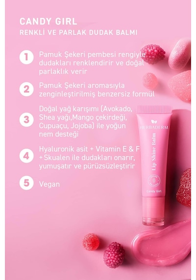 Herbaderm Tatlı Şeker Aromal Parlatıcı Dolgunlaştırıcı ve Onarıcı Vegan Dudak Balmı 10 ML