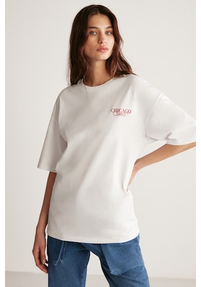 Grımelange Janna Kadın Şehir Temalı Ön Ve Arka Baskı Detaylı Oversize Fit Bisiklet Yaka Beyaz / Kırmızı T-shirt