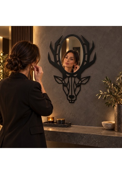Geometrik Geyik Başı Siyah Metal Duvar Aynası