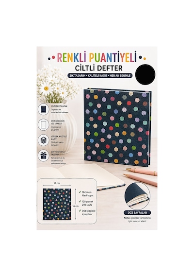 Puantiyeli Kare Not Defteri 16x16cm 1 Adet Lizz Sert Kapak 120 Yaprak Ciltli Çizgisiz Özel Anı Günlük Defteri Siyah