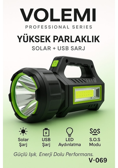 Volemi V-069 Uzun Menzilli Şarjlı Kamp Lambası El Feneri Deprem, Acil Durum, Bahçe Ve Kamp Kullanımı Siyah
