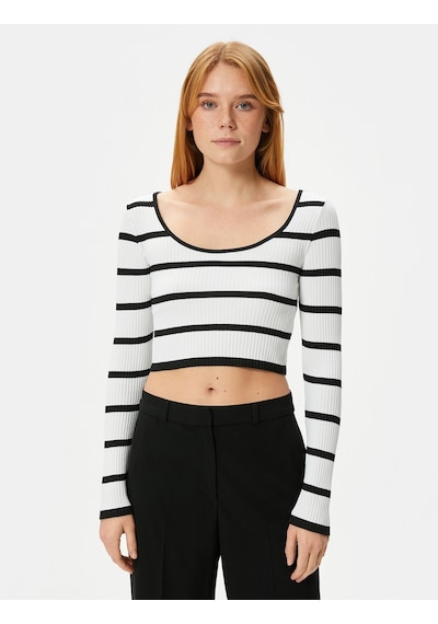 Koton Crop Triko Kazak U Yaka Fitilli Siyah Çizgili 4sak90042ht 4SAK90042HT9S9 Siyah
