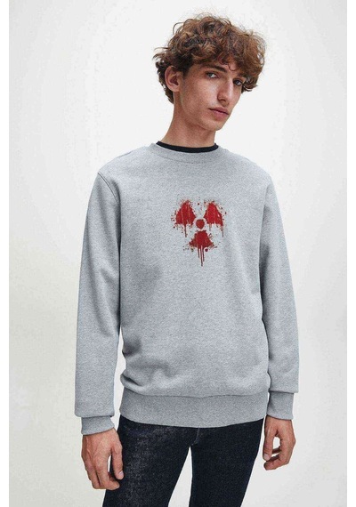 Nükleer Baskılı Gri Melanj Erkek Örme Sweatshirt