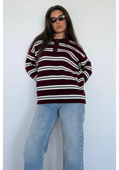 Madmext Bordo Polo Yaka Çizgili Kadın Triko Kazak Mg2469 Bordo