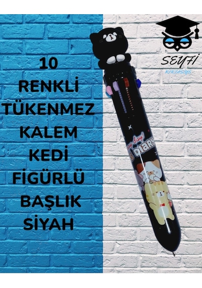 10 Renkli Tükenmez Kalem Kedi Figürlü Başlık Siyah