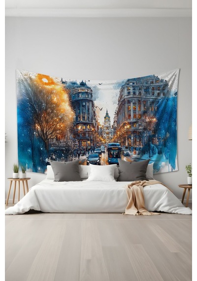 Kış Şehir Manzarası Desenli Duvar Halısı Duvar Örtüsü Tapestry Süet Dokulu Kumaş