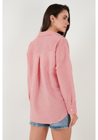 Lela Regular Fit Uzun Kollu Cepli Çizgili Bayan Gömlek 6772895 Kırmızı