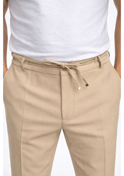 Erkek Gofre Desenli Takım Elbise Bağcıklı Pantolon Duble Paça Tek Düğme Modern Slim Fit Bej