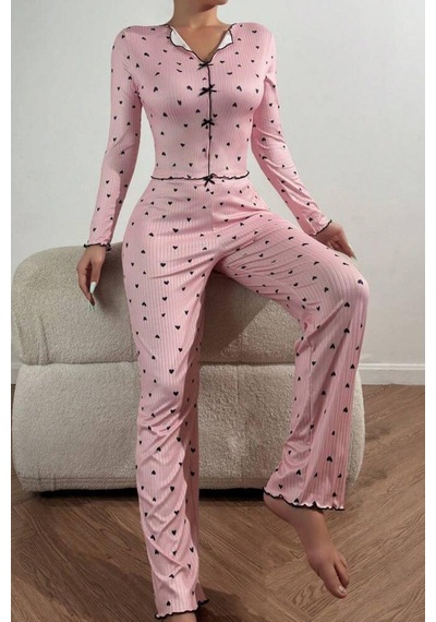 Bella Notte V Yaka Baskılı Fiyonk Detaylı Uzun Pijama Takımı Siyah