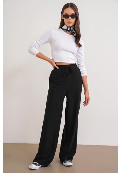 Mixray 4757 Kadın Lastikli Bol Paça Örme Dökümlü Selanik Pantalon Siyah Siyah