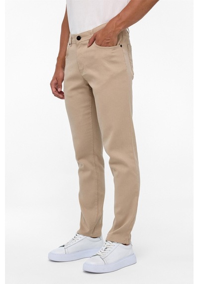 Süvari Bej Slim Fit 5 Cep Kalıp Armürlü Kanvas Pantolon-35413 Bej