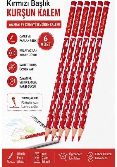 Kırmızı Başlık Kalemi Damla 6 Adet Faber Castell Kırmızı Kurşun Kalem Yumuşak Uçlu Kolay Silinebilir Öğrenci