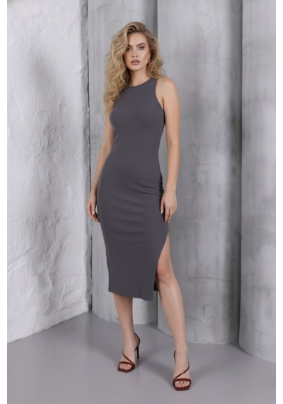Defymoda Kadın Gri Halter Yaka Yırtmaçlı Pamuklu Fitilli Likralı Kaşkorse Slim Fit Midi Elbise Gri