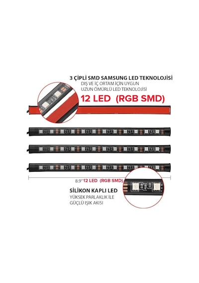 Ayak Altı Led 12'Li Sese Duyarlı Kumandalı Rgb 7 Renk Oto Şerit (362574693)