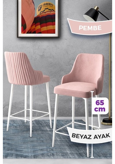 Canisa Tera Serisi 2 Pembe Sandalye 65 Cm Ada Mutfak Bar Sandalyesi Babyface Kumaş Beyaz Metal Ayaklı Sandalye Pembe Ayakları Beyaz