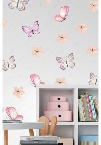 Soft Renklerde Kelebekler Ve Çiçekler Çocuk Bebek Odası Cam Duvar Sticker Seti