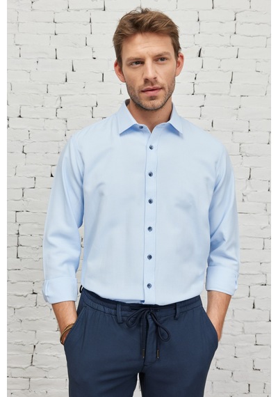 AC&Co / Altınyıldız Classics Erkek Acık Mavı Comfort Fit Geniş Kesim Klasik Yaka Pamuklu Rahat Armürlü Gömlek Acık Mavı Açık Mavi