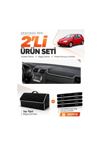 Volkswagen Golf 5 2003-2009 Uyumlu Torpido Örtüsü + Tay Tüyü Bagaj Çantası + Sticker - Siyah Gri