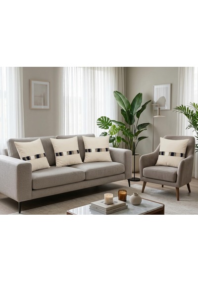 Venüs 02 Gümüş Şeritli 4'lü Krem Renk Kırlent Kılıfı Seti Dekoratif Lüks Ve Modern Tasarım Yastık Kılıfı Salon Oturma Odası Teras Balkon Yatak Odası Krem Renkli