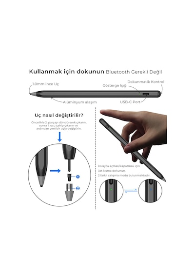 Bix Sp02w Universal Android Ve Apple Uyumlu iPad  Tablet Dokunmatik Bluetooth Stylus Yazı Ve Çizim Kalemi Siyah