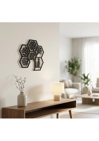 Hayat Ağacı Duvar Tablosu Mdf Lazer Kesim Altıgen Geometrik Modern Duvar Süsü