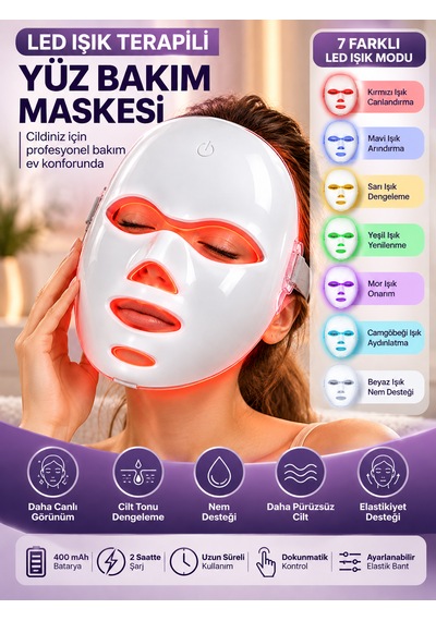 7 Renk Led Işıklı Yüz Bakım Maskesi Şarjlı Dokunmatik Kontrollü Ayarlanabilir Bantlı Cilt Bakım Cihazı