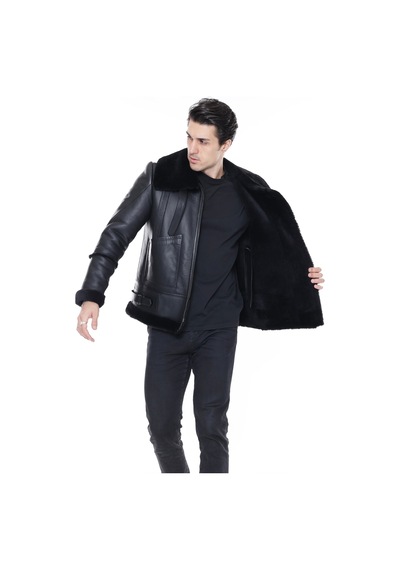 M M Marki Marki Erkek Hakiki Deri Mont, Balıkçı Yaka, Siyah Kürklü, Fermuar Kapamalı, Oversize Model - 500422