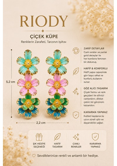 Riody Renkli Çiçek Küpe Gold Detaylı Sallantılı Kadın Küpe Hafif Şık Günlük Ve Özel Gün Takısı Çok renkli