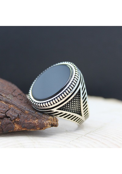 925 Ayar Oval Düz Oniks Taşlı Gümüş Erkek Yüzüğü Gümüş