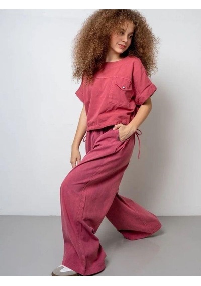 Zekids Kız Çocuk Kemerli Geniş Paça Gabardin Pantolon-15802 Pembe