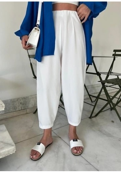 DefyModa Kadın Krep Kumaş Balon Pantolon Beyaz