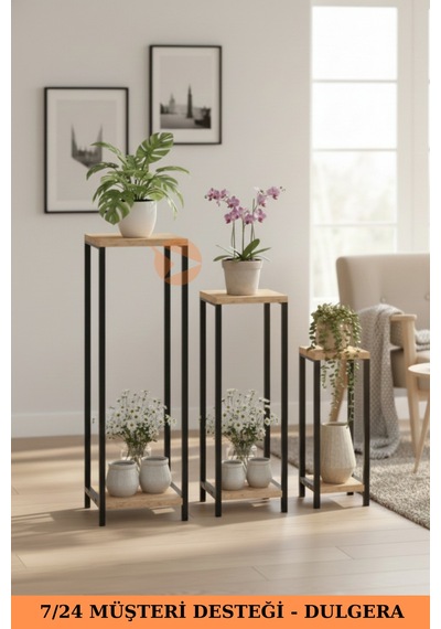 Flora Dekoratif 3'lü Metal Çiçeklik Saksı Standı & Yan Sehpa Seti - Modern Bahçe Balkon Çiçek Rafı - Çam