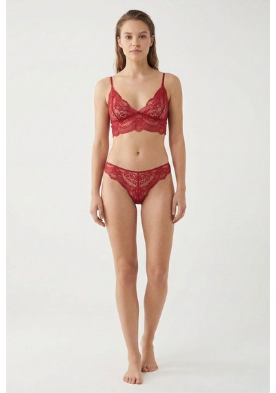 Bordo Dantel Detaylı İp Askılı Kapsız Bralet İç Giyim Seti